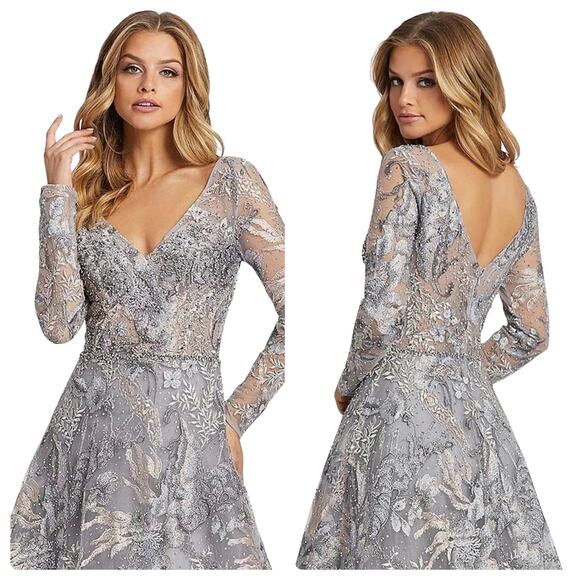 Mac Duggal 20214D Long Sleeve Embroidery V-Neck Evening Lace Dress Size 14 NWT - Picture 2 of 12